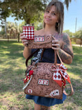 “ Lucky 7s” Brown tooled leather speedy (L) by the Painted Porches