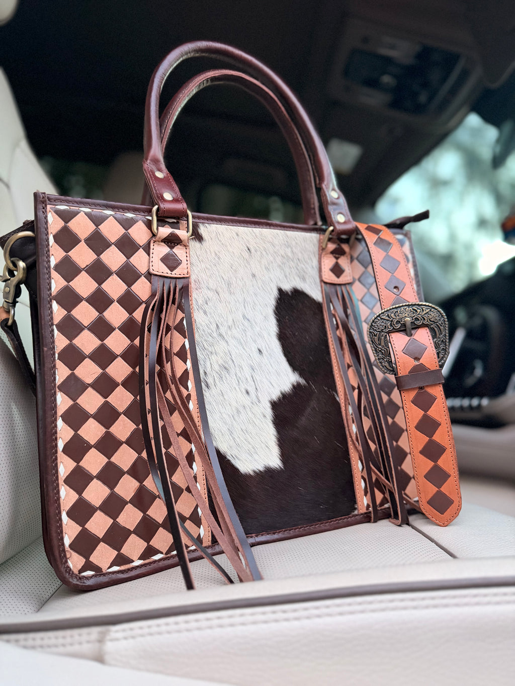 Cowhide and brown and tan checker Tooled leather tote bag with fringe-