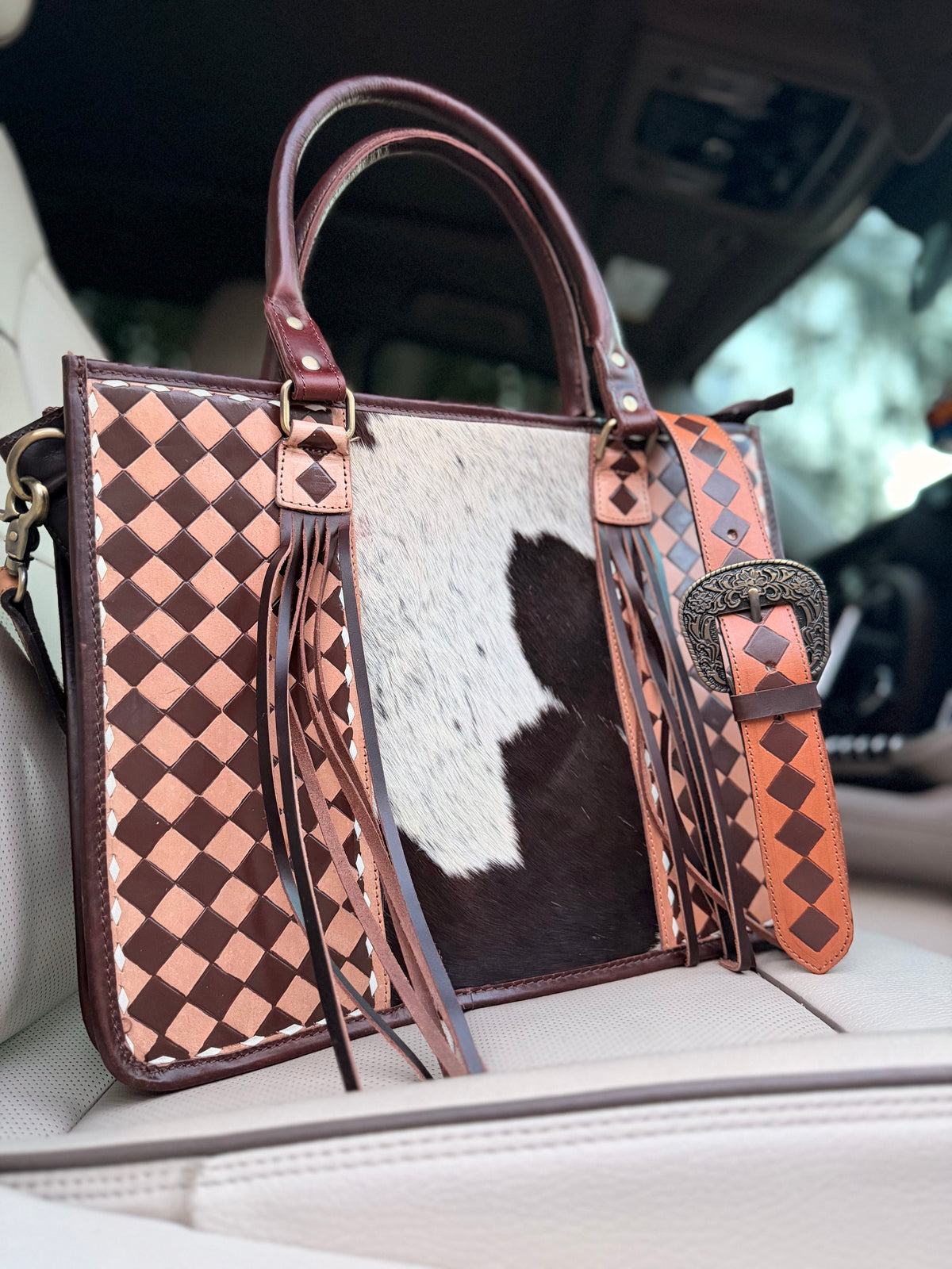 Cowhide and brown and tan checker Tooled leather tote bag with fringe-