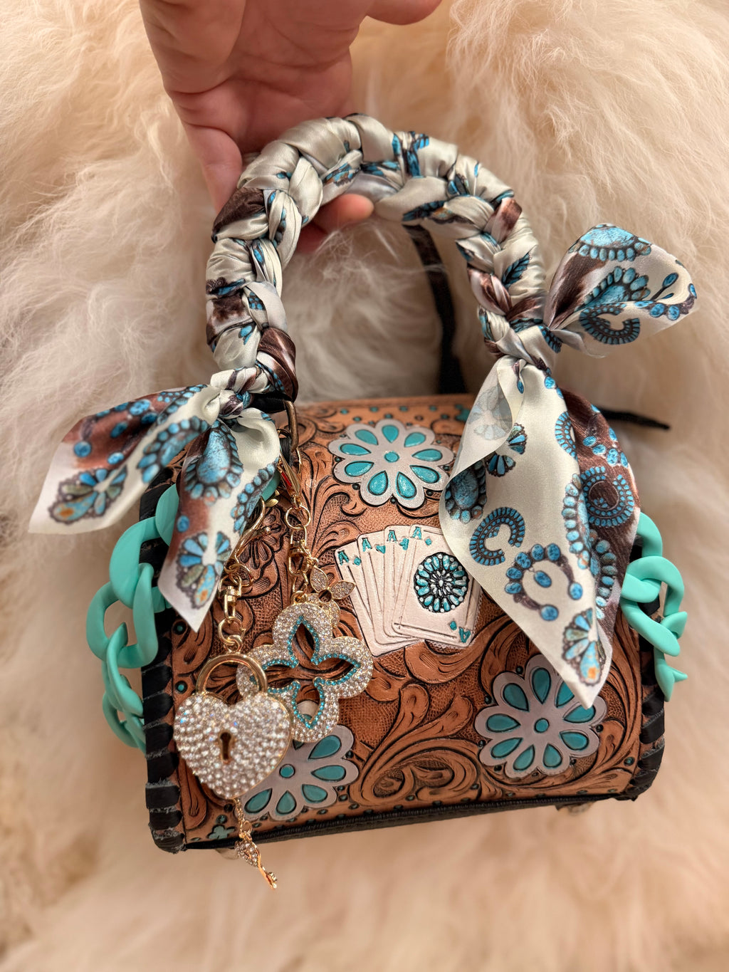 “Pocket full of Aces" - tan tooled leather speedy (mini)