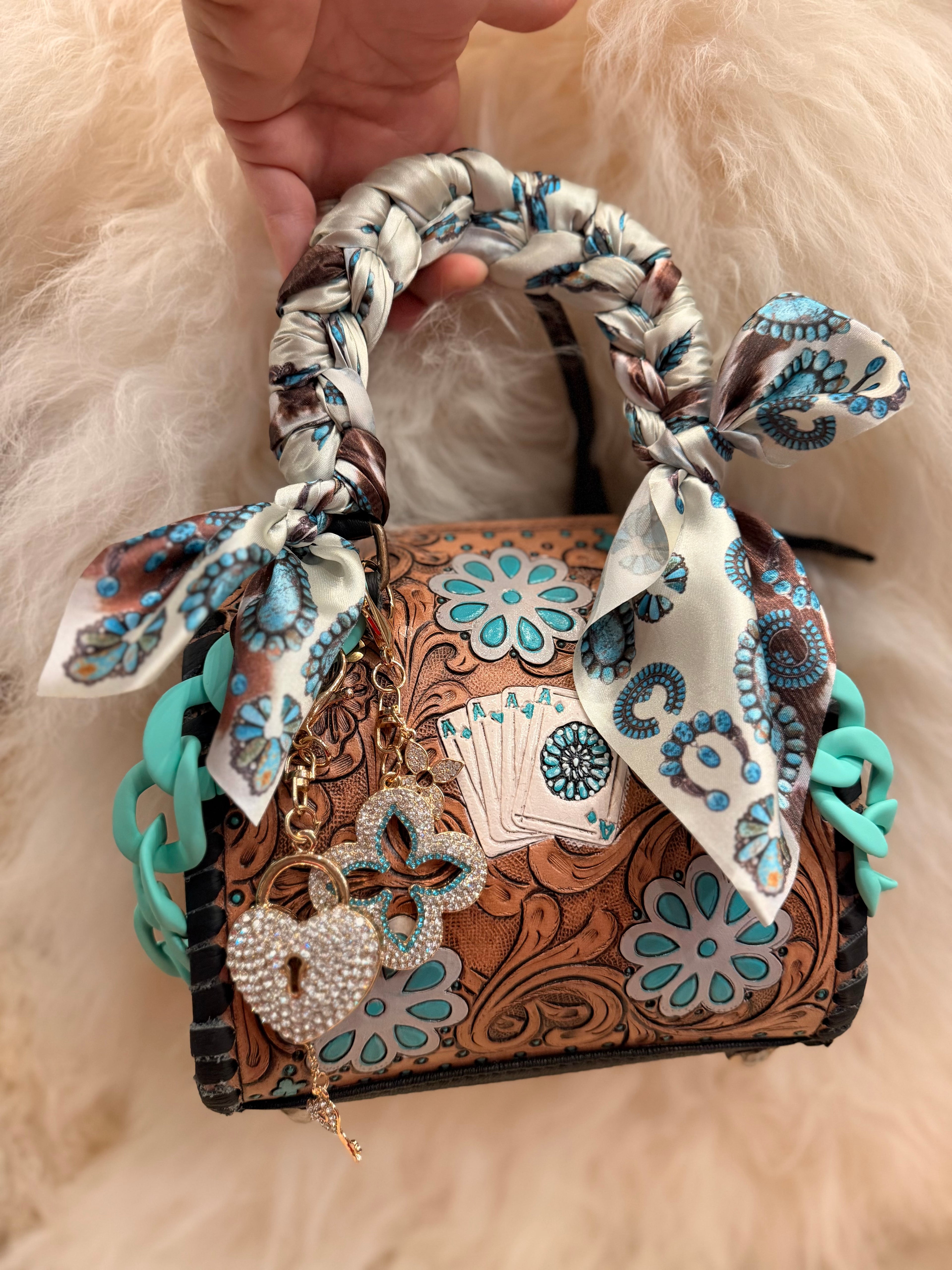“Pocket full of Aces" - tan tooled leather speedy (mini)