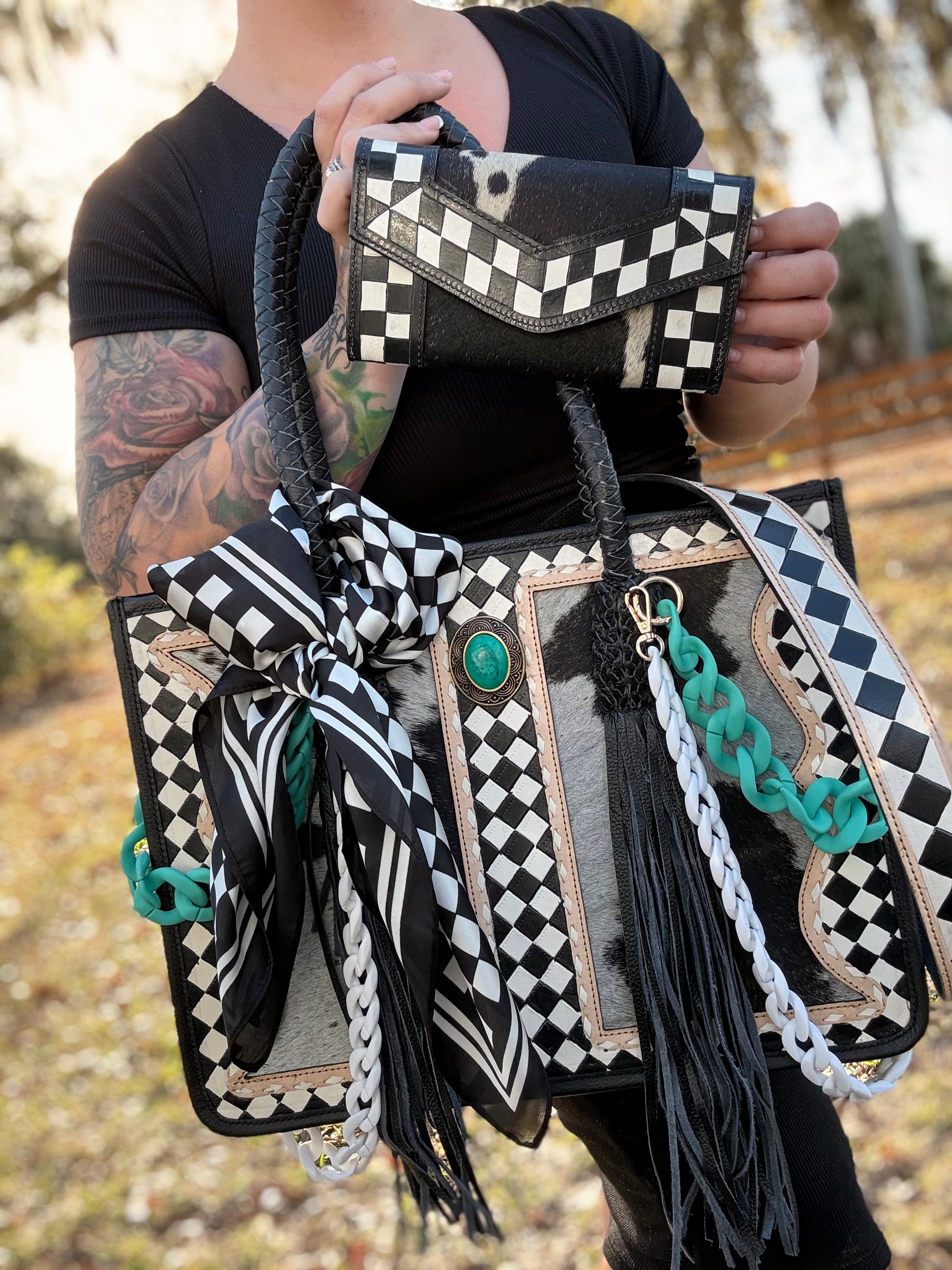 "Queens End Game" - checker/tooled leather tote(bag only)