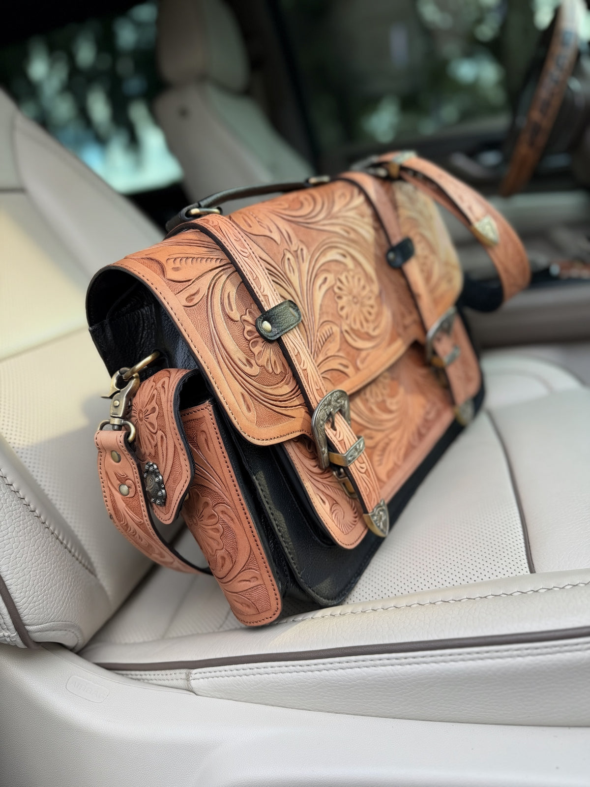 Laptop or overnight tooled leather -  tan with BLACK leather