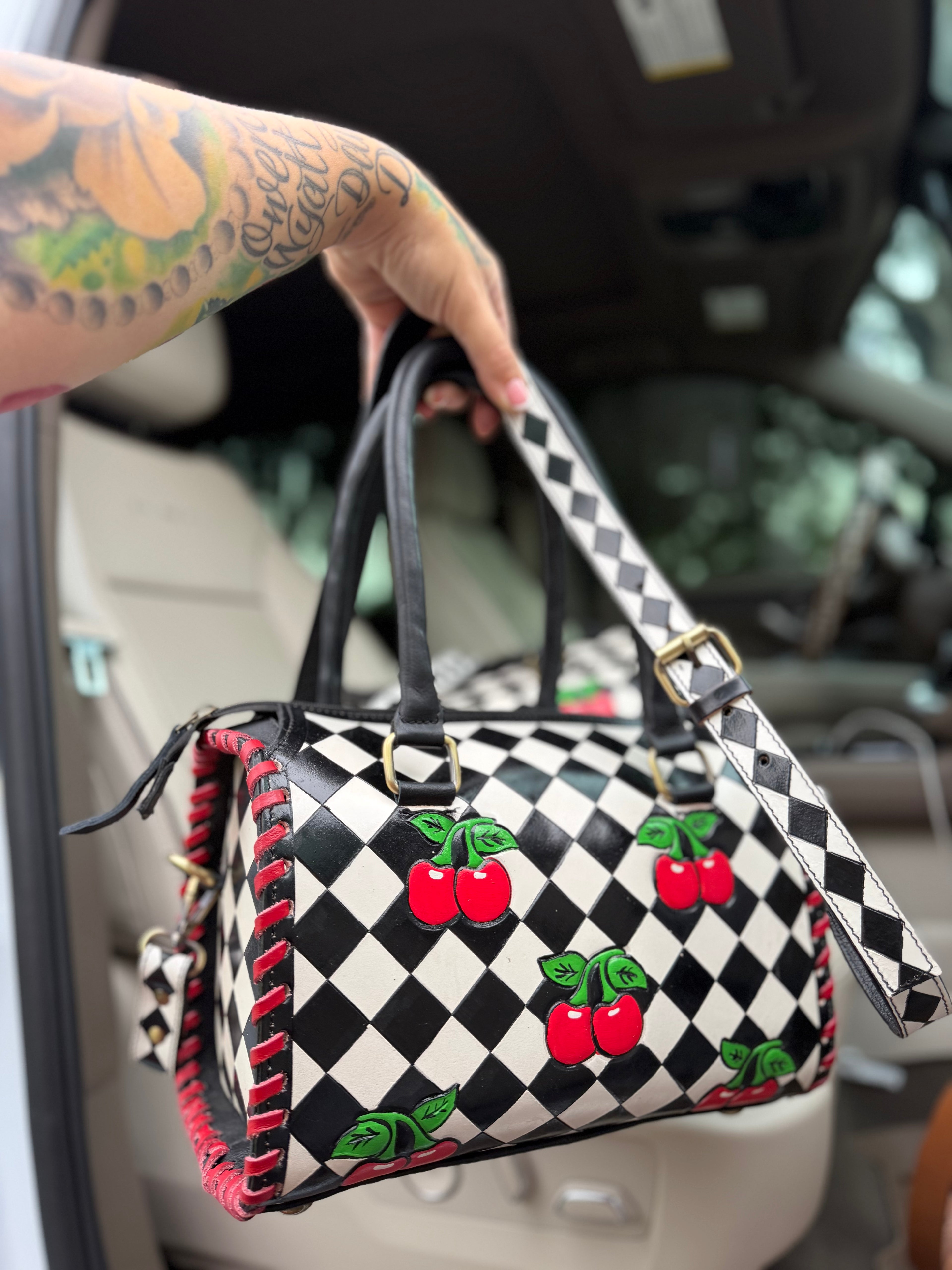 Black/white cherry checker tooled leather speedy (M)