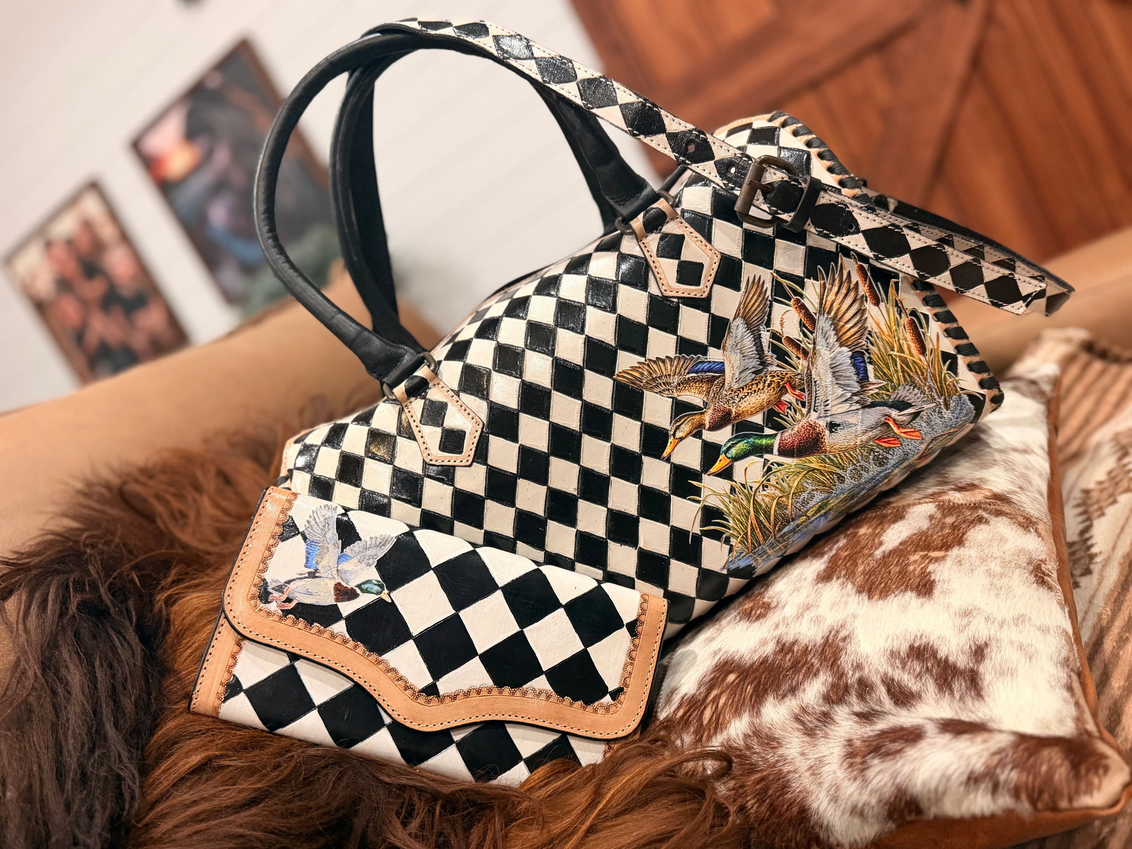 MALLARD SET -Checker bag and wallet- Large tooled leather duffle speedy