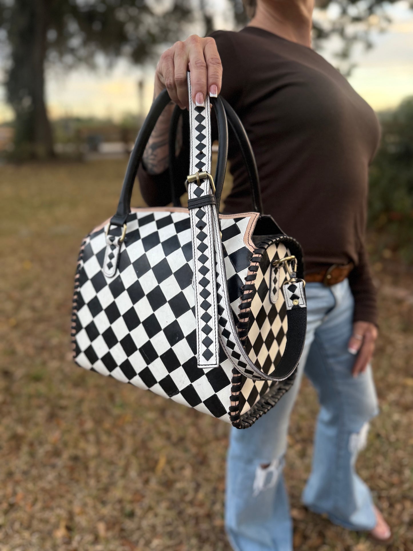 Checker tooled leather speedy (L)