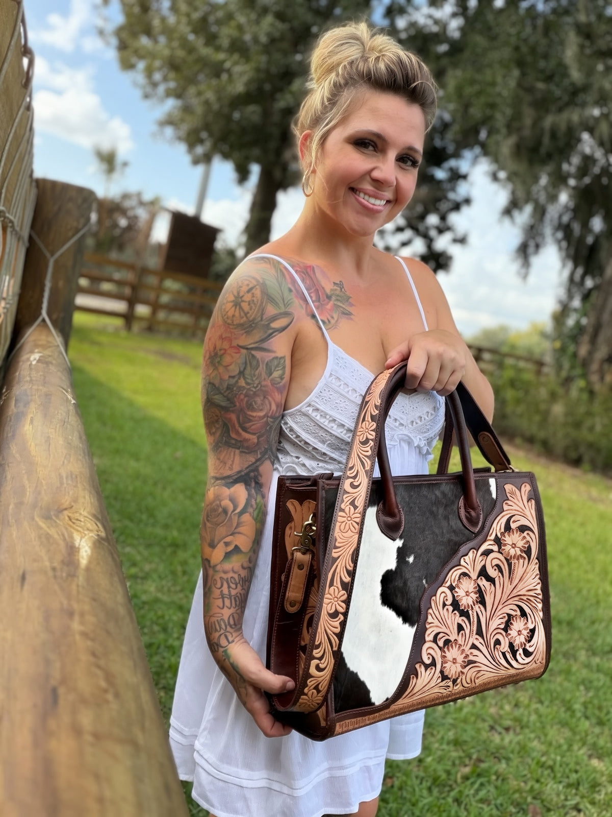 Tooled crossbody / cowhide tote bag