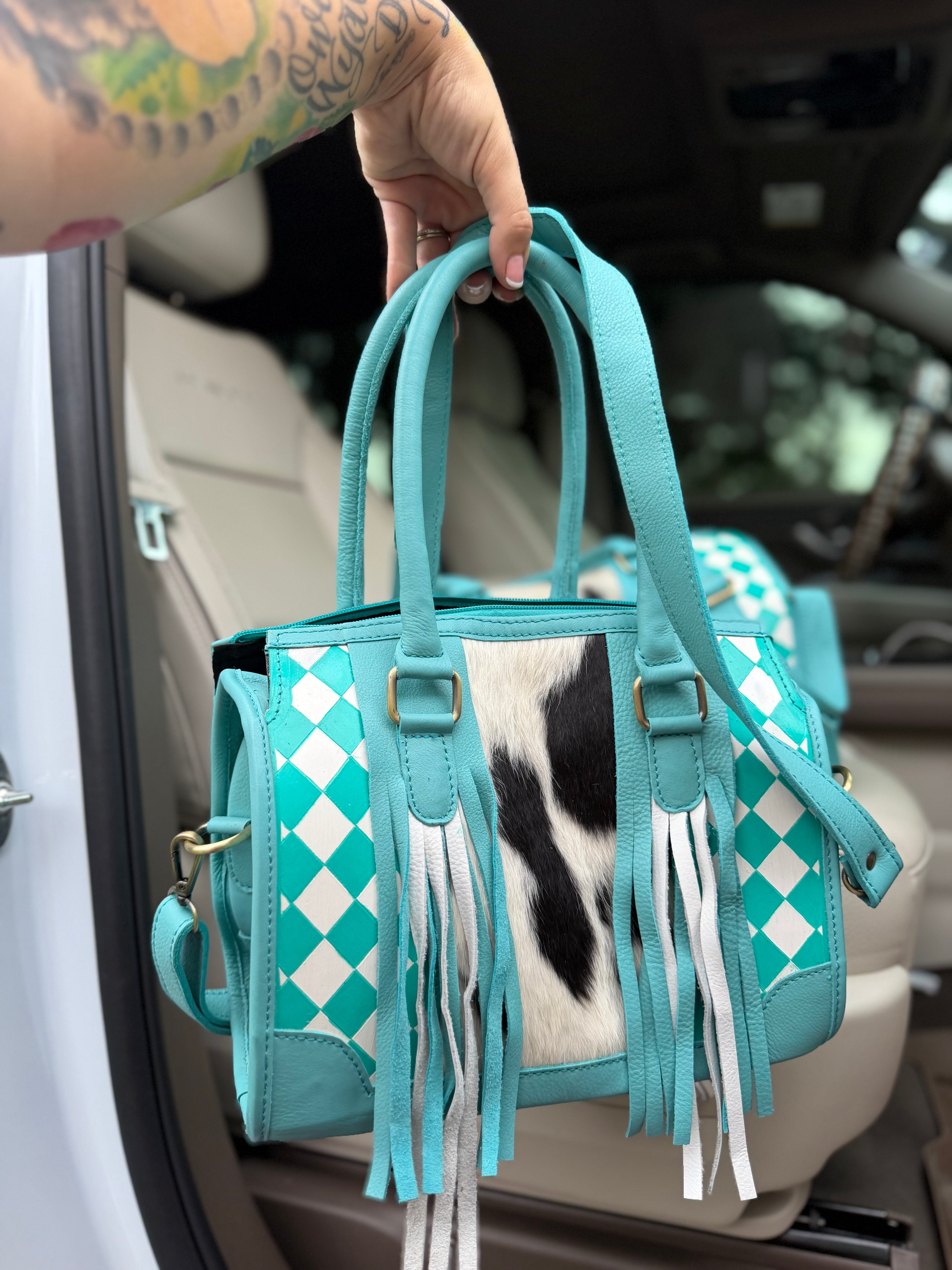 Teal/white checker tooled leather speedy (M)