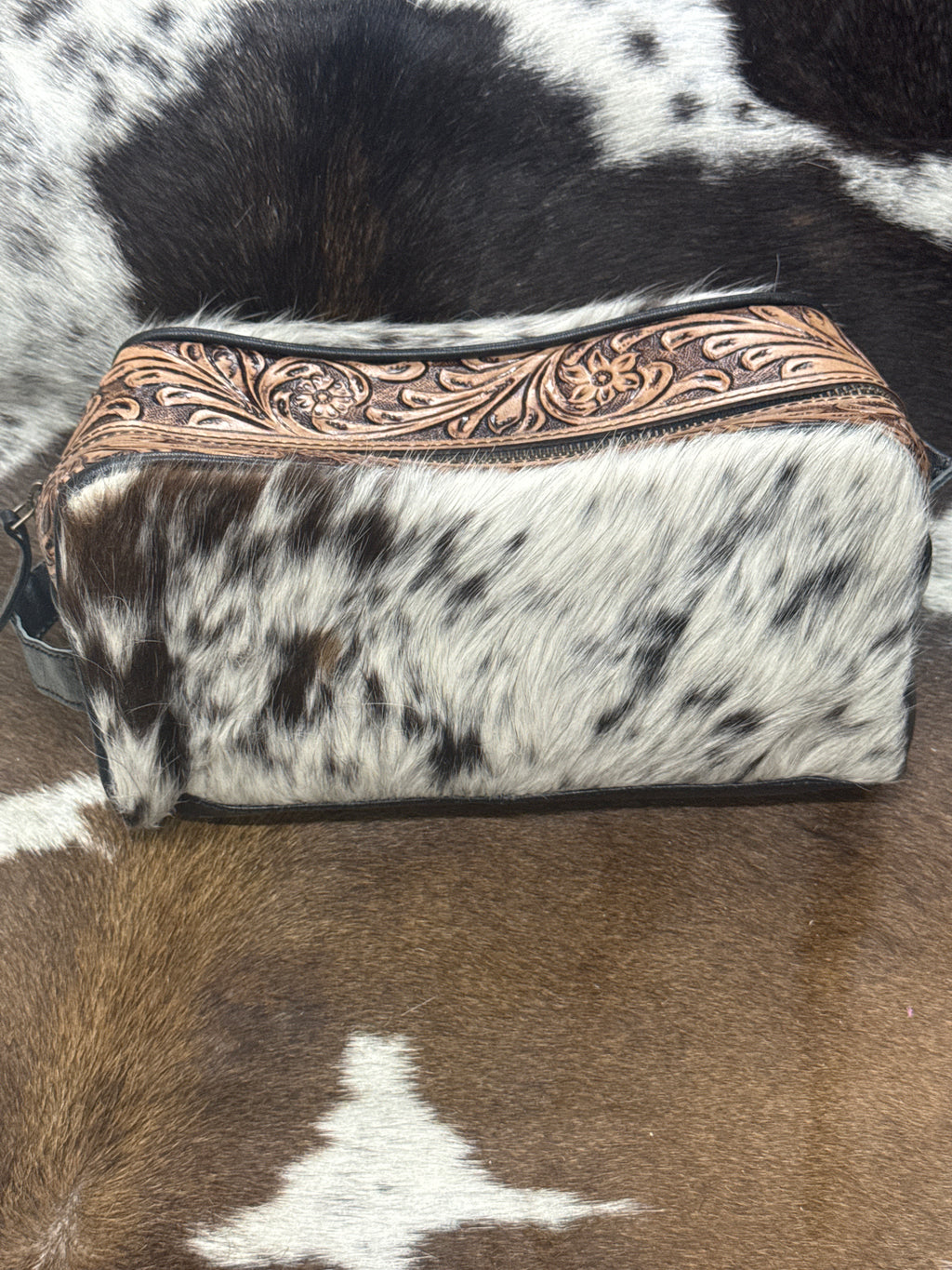 Cowhide and Tooled leather Makeup bag