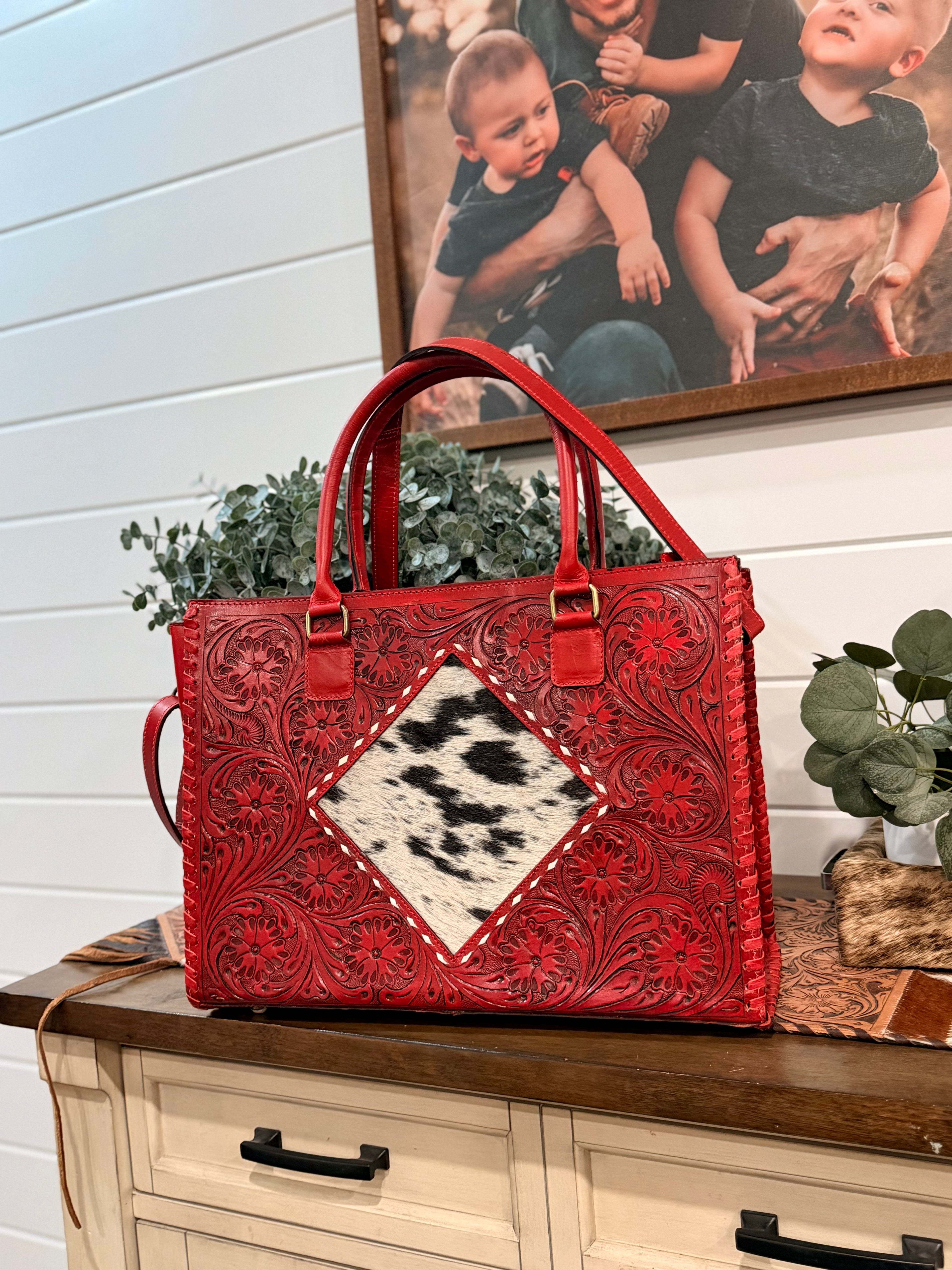 High quality tooled leather tote bag