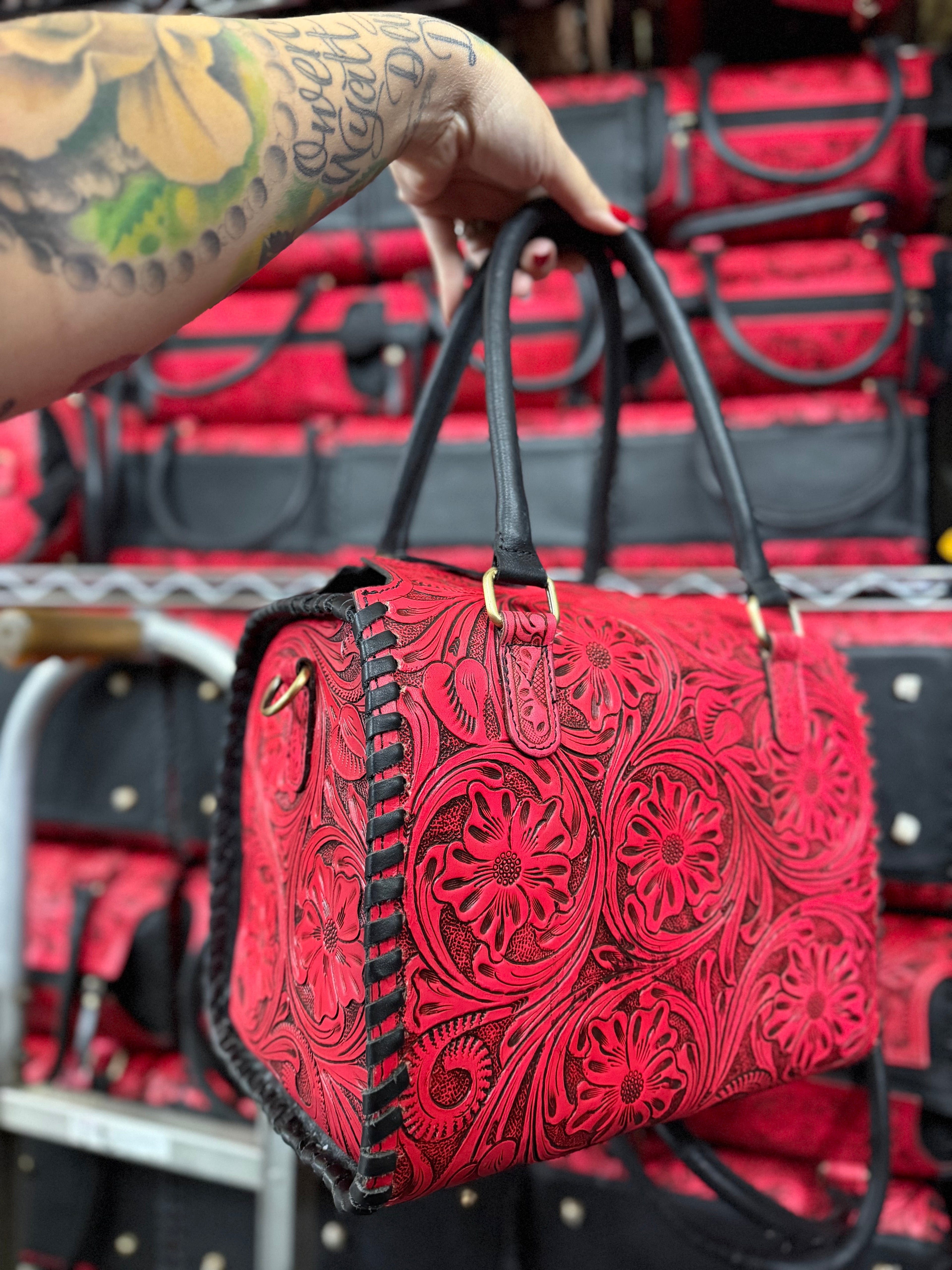 Hot pink tooled leather speedy bag (L)