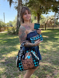 “The Blue Diamond” turquoise/Black checker & tooled leather speedy (L) by the Painted Porches