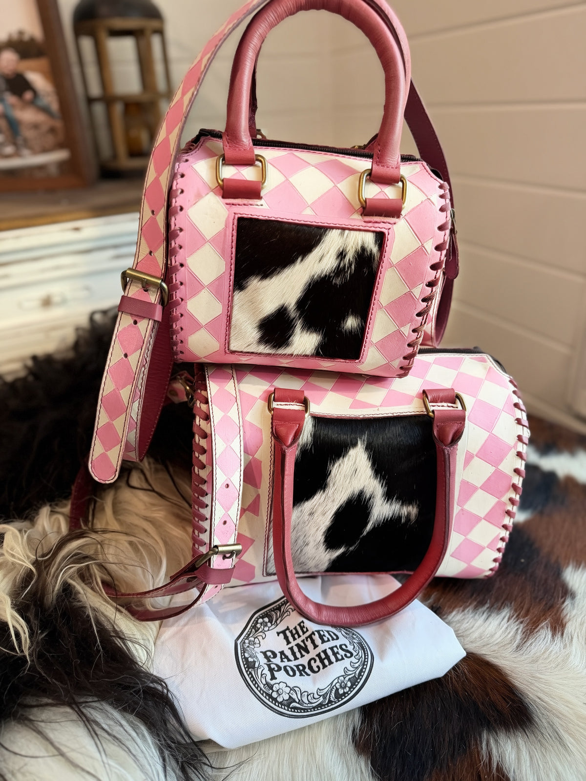 Light pink/white checker tooled leather / Cowhide -  speedy ( 2 sizes avail )