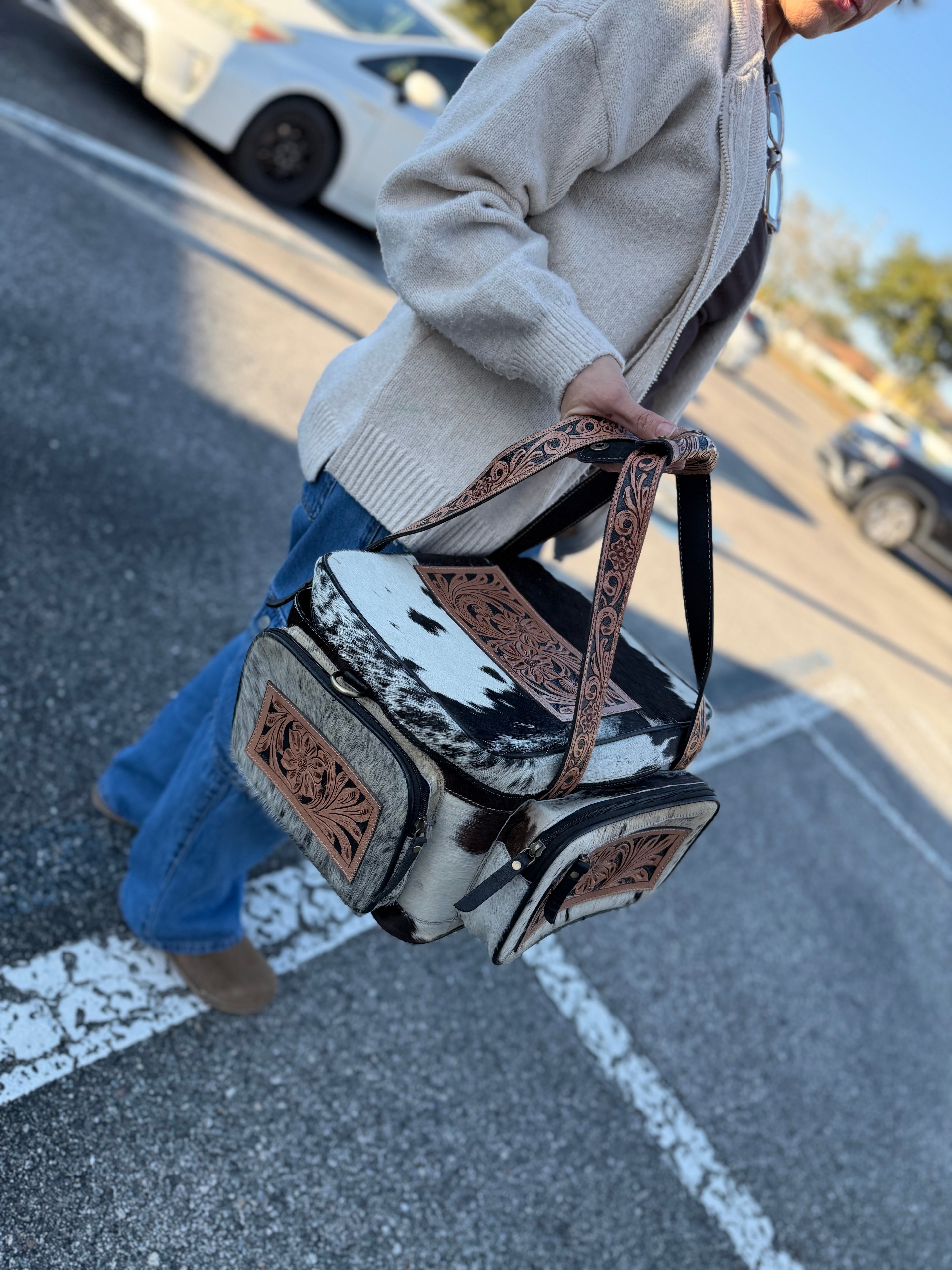 XL size - Dark color and white hide TOOLED leather/ cowhide Lunch bag