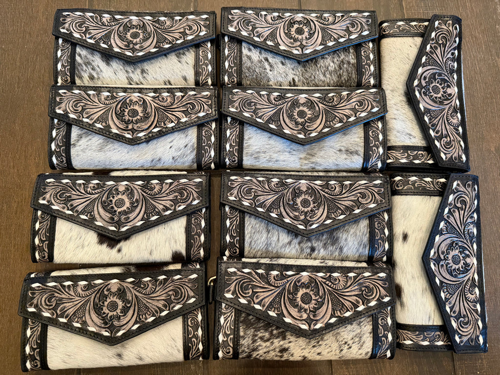 Cowhide tooled leather wallet clutch wristlet
