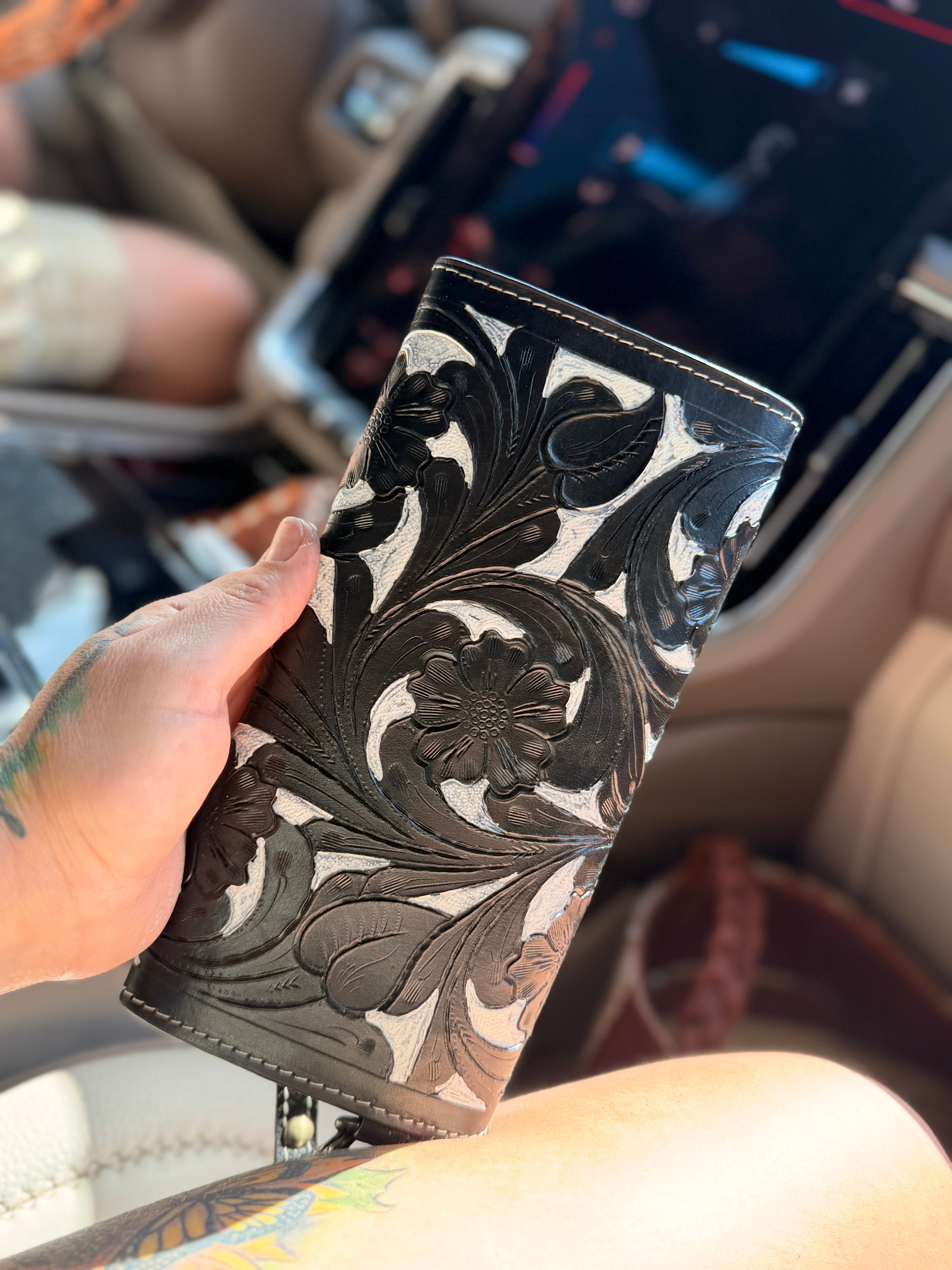 Tooled leather black and white wallet