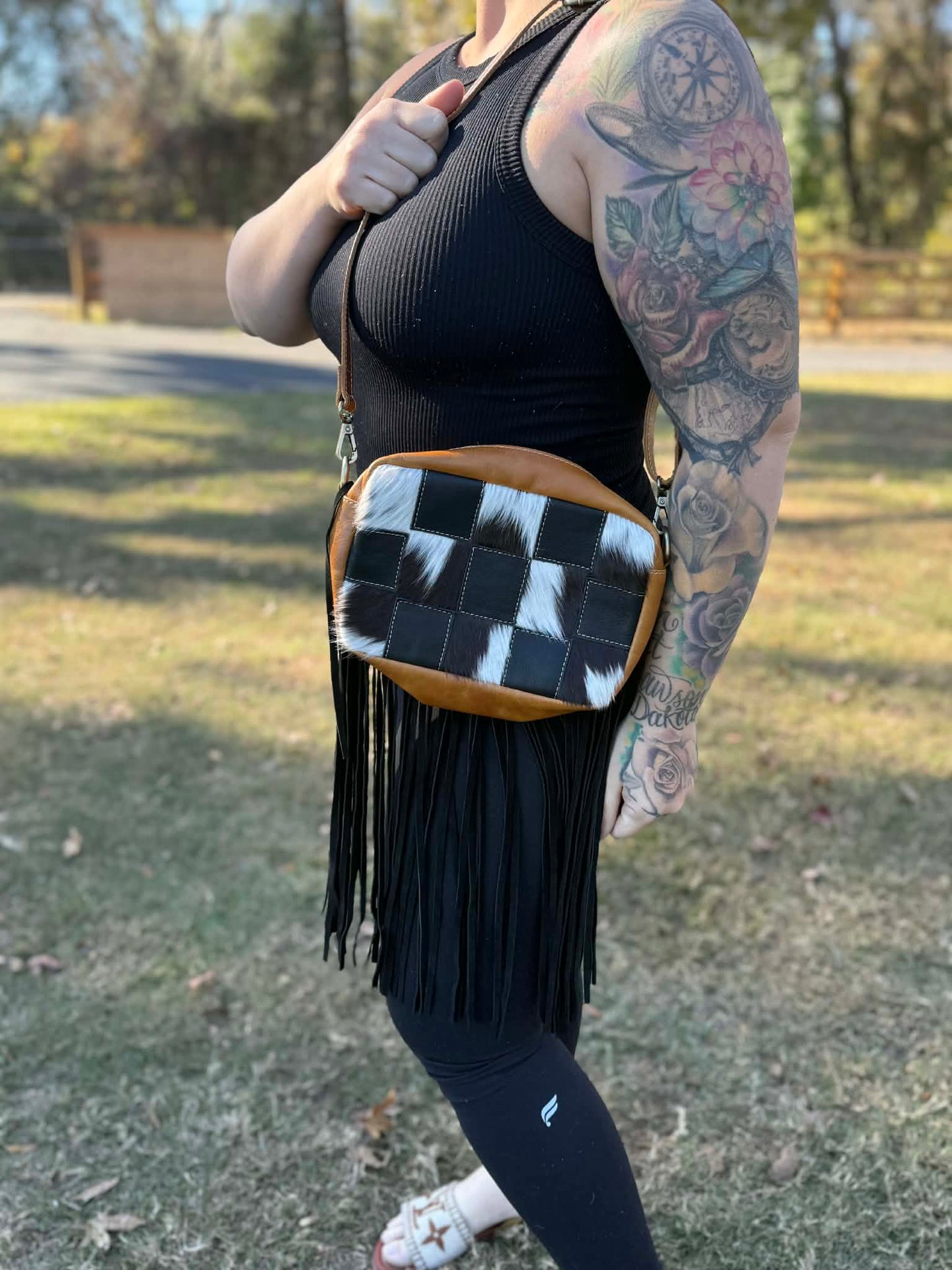 Leather cowhide checker cross body purse