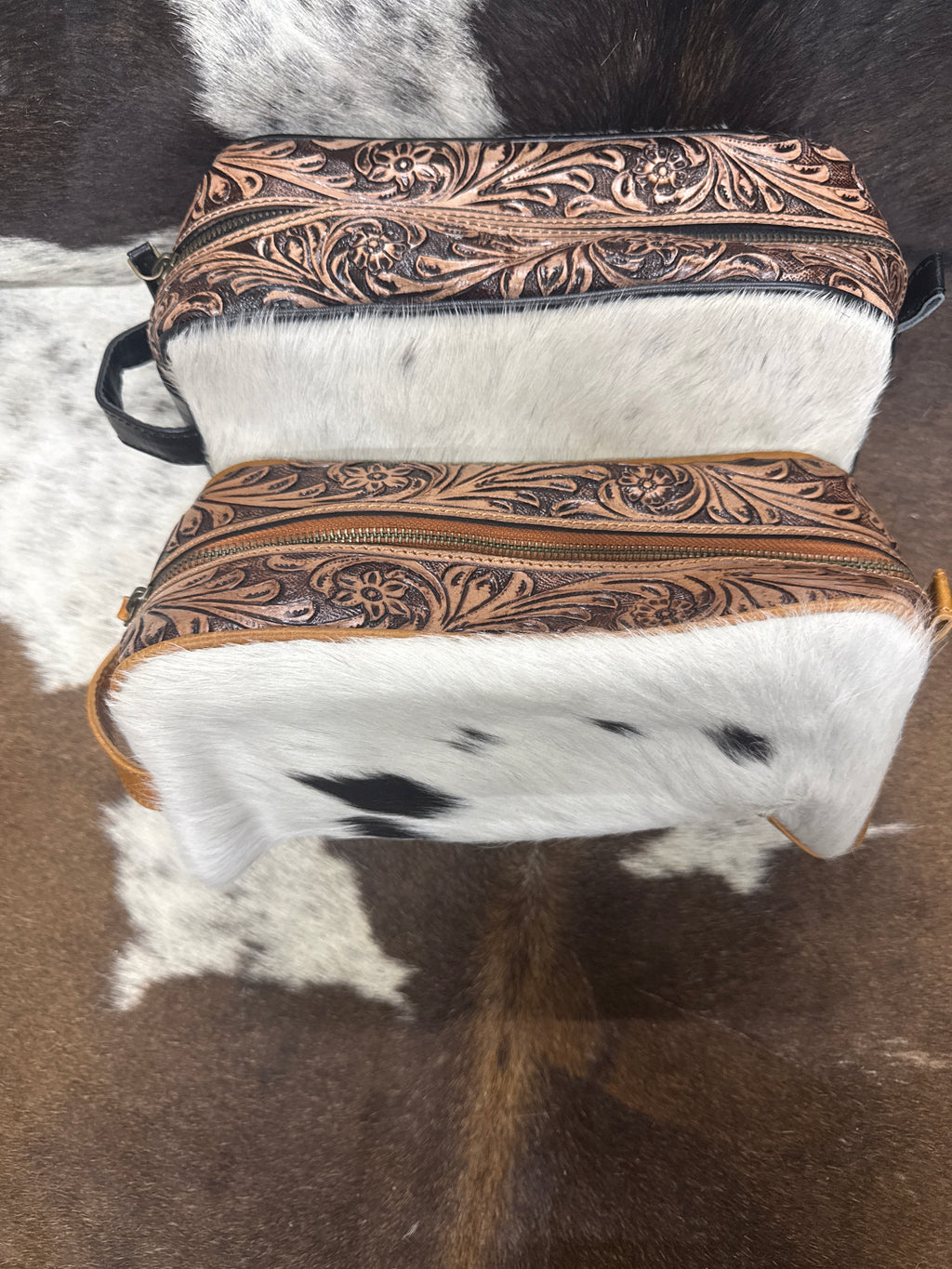 Cowhide and Tooled leather Makeup bag