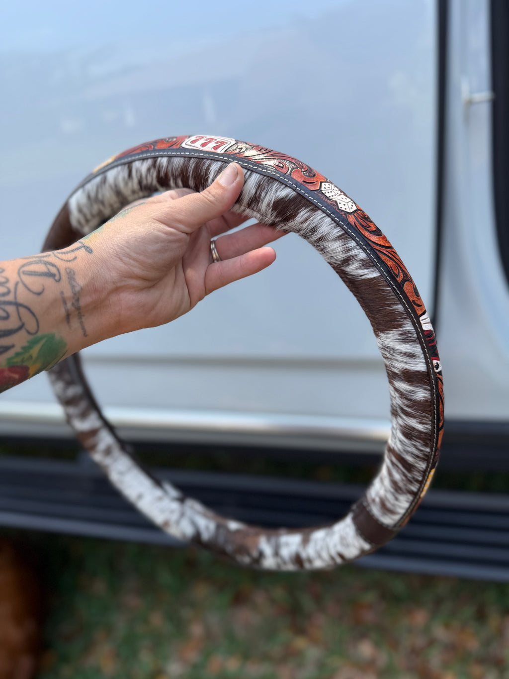 16 “ tooled leather cowhide steering wheel cover - read description before purchase