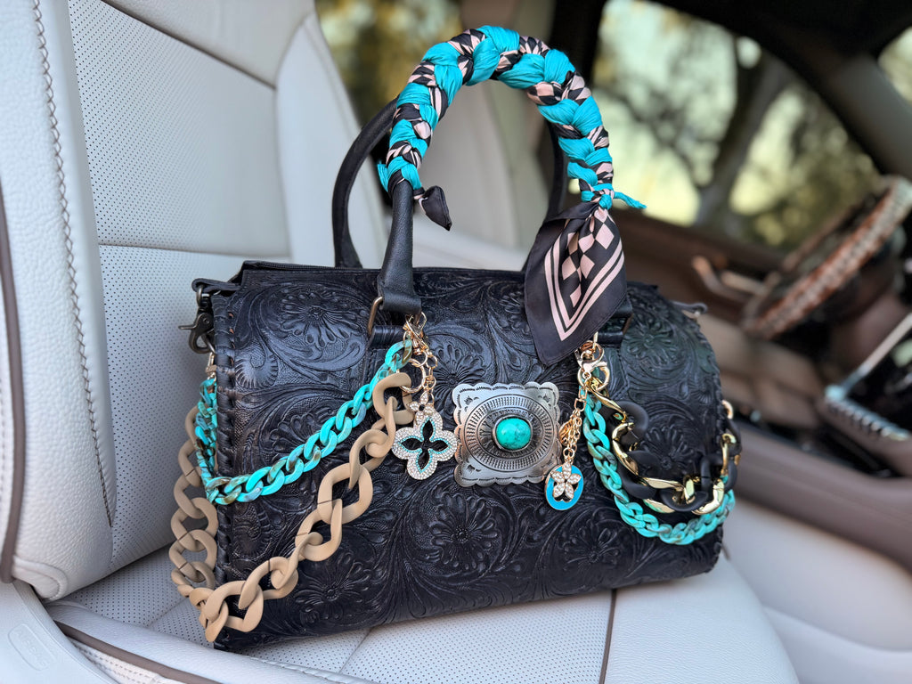 "Dark teal lux" - black tooled leather speedy duffle