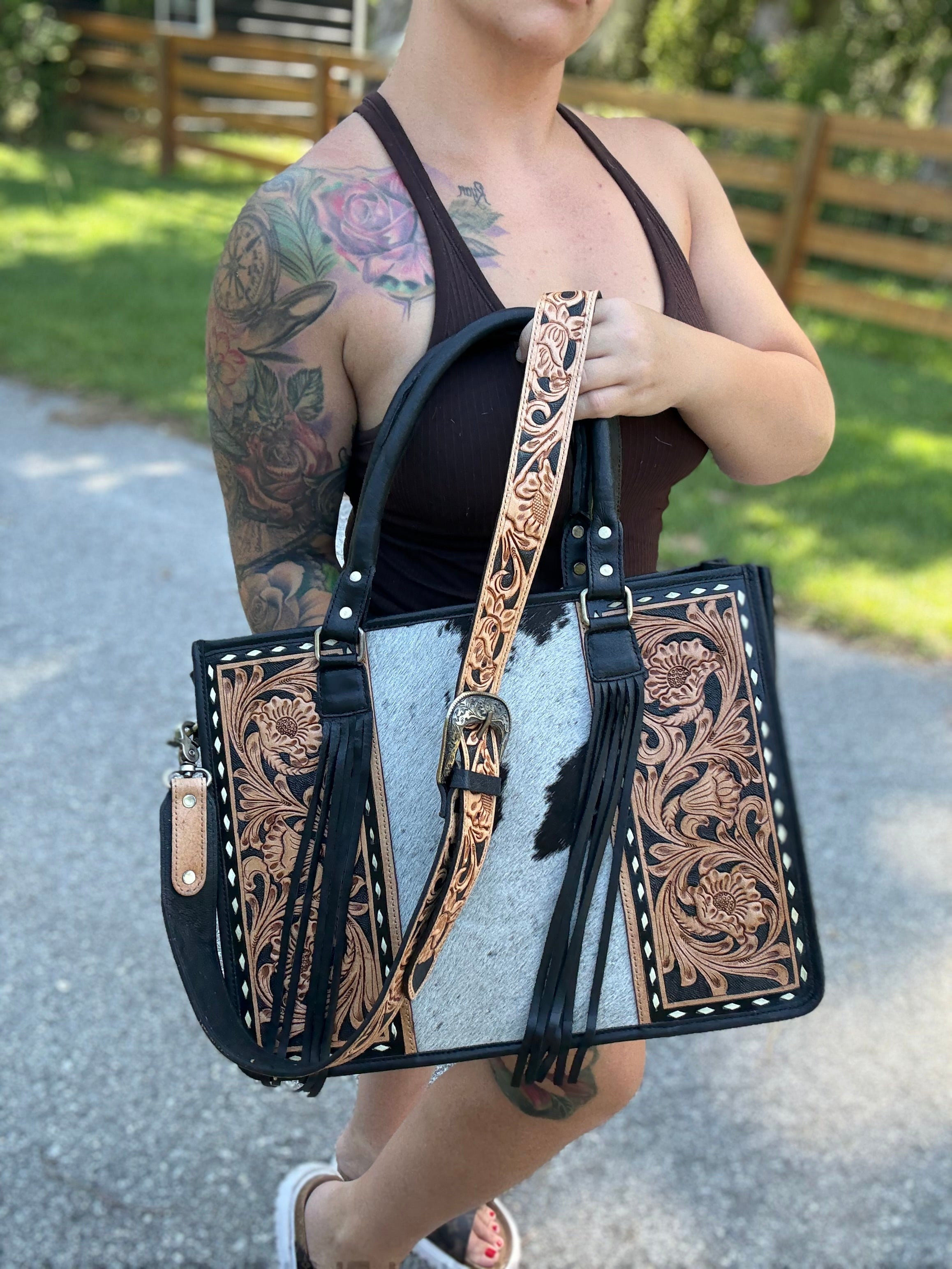 Tooled learher tote bag with fringe - dark