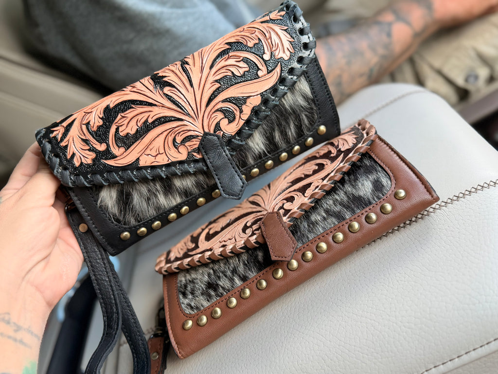 Tooled leather and cowhide wallet