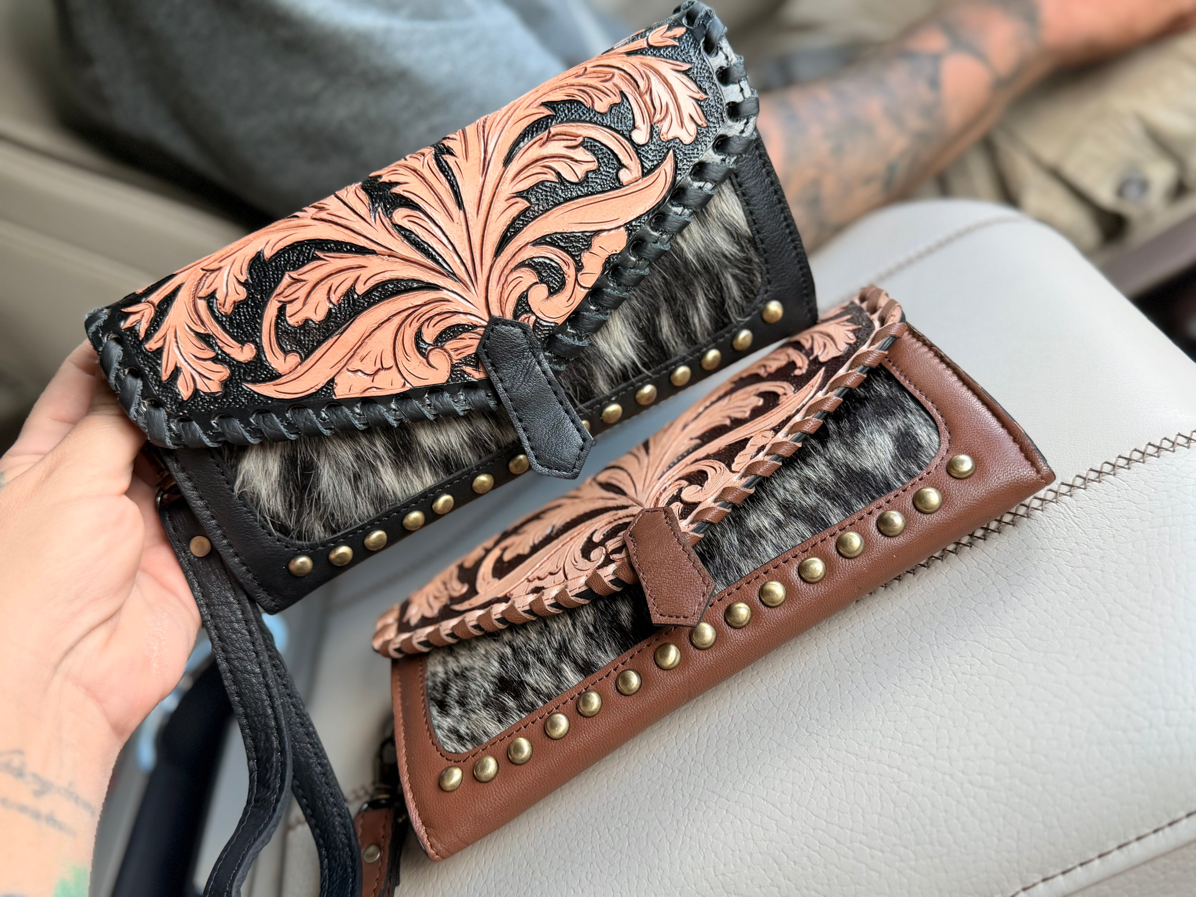 Tooled leather and cowhide wallet