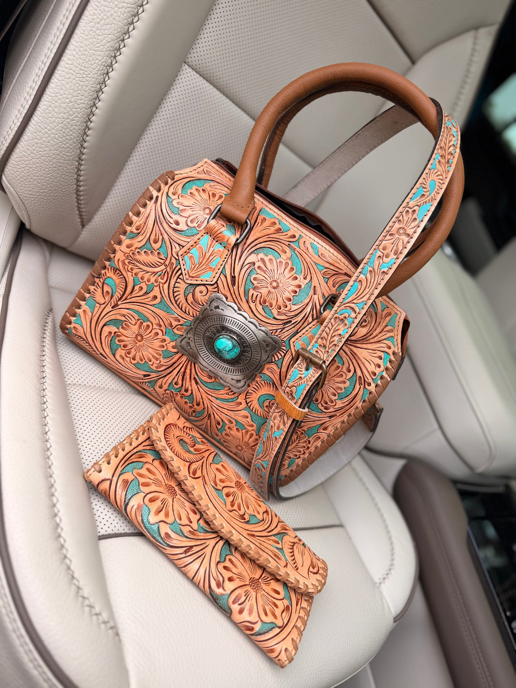 “Paradise Cowgirl set”- teal and tan  tooled leather speedy (M) and wallet