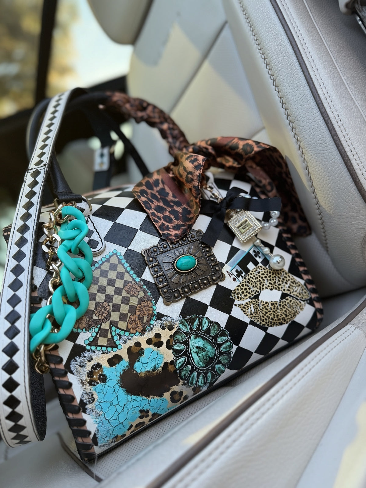 “Checkered & Cheetah” black/white checker and cheetah tooled leather speedy (L) by the Painted Porches