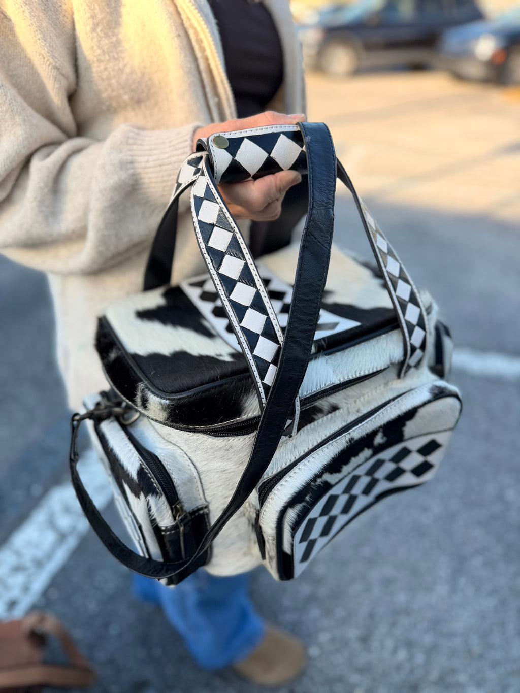 CHECKER TOOLED leather/ cowhide Lunch bag