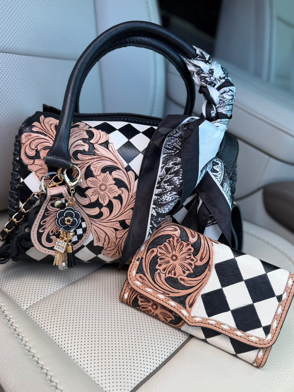 Classy checks set tooled leather speedy (M) with wallet