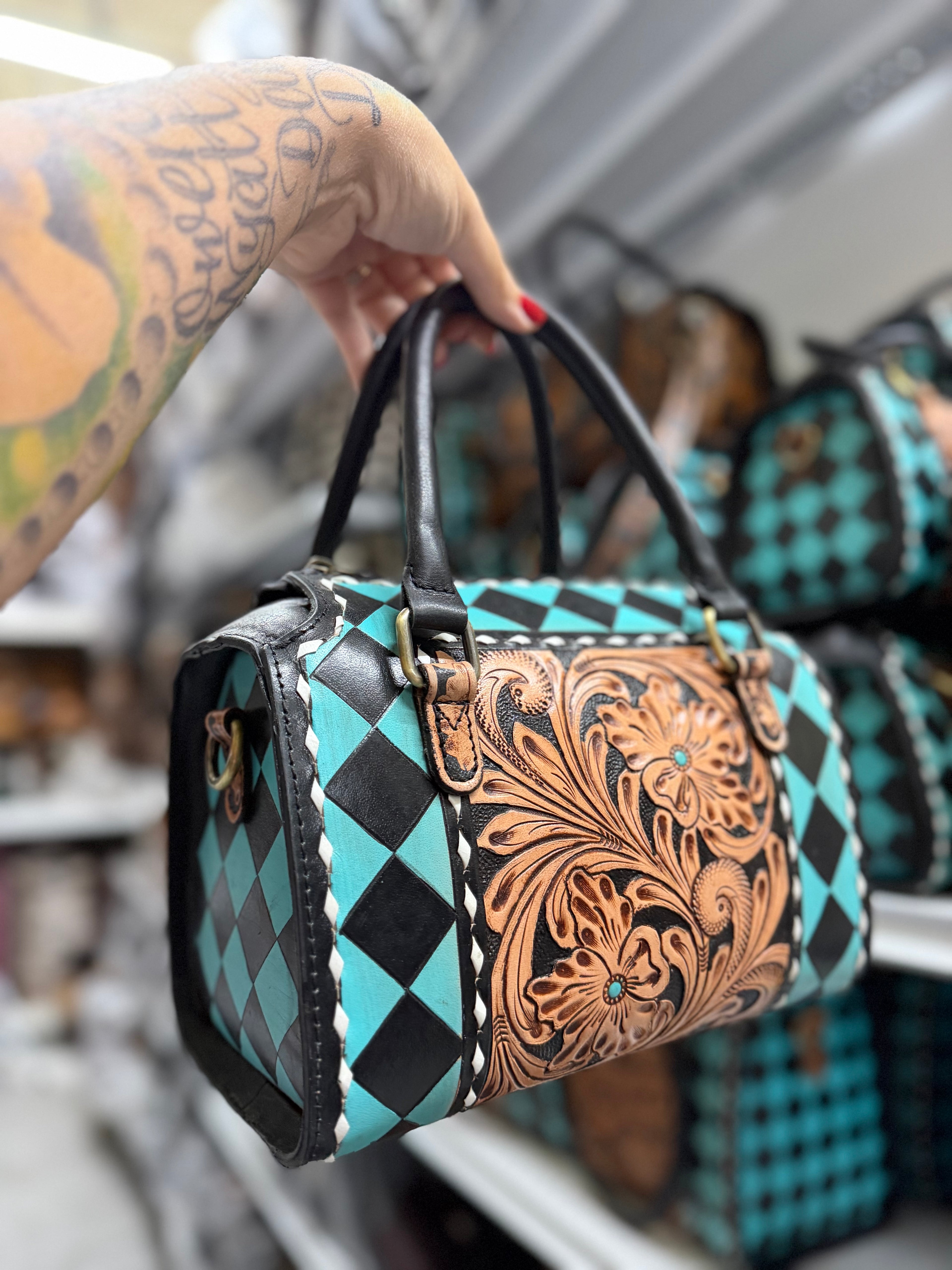 Teal/black checker tooled leather speedy (M) exclusive