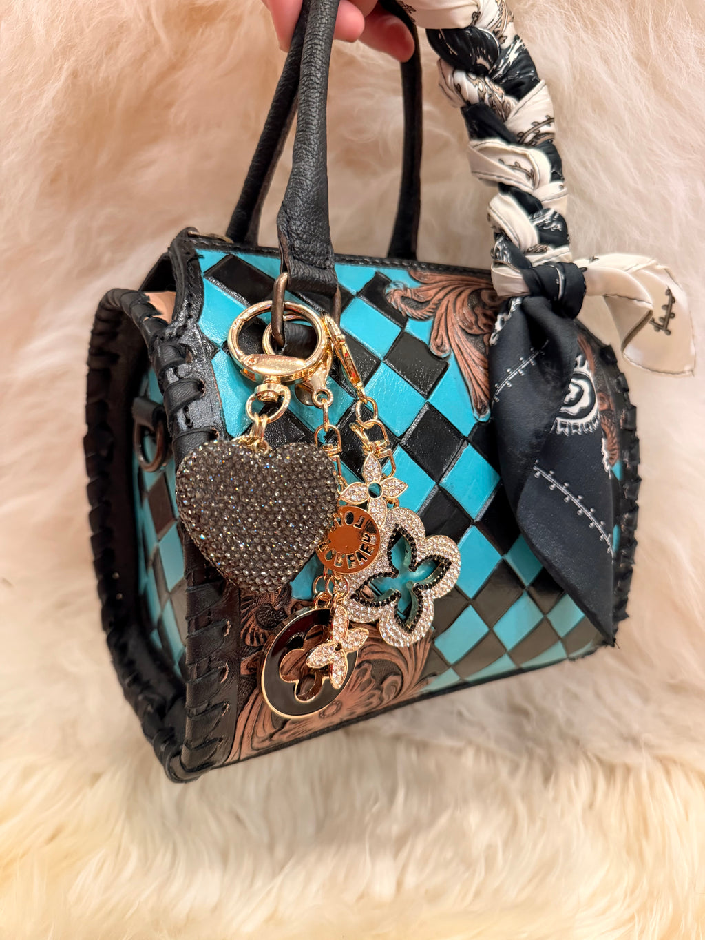 "Electric cowgirl" - turquoise checker tooled leather speedy (mini)