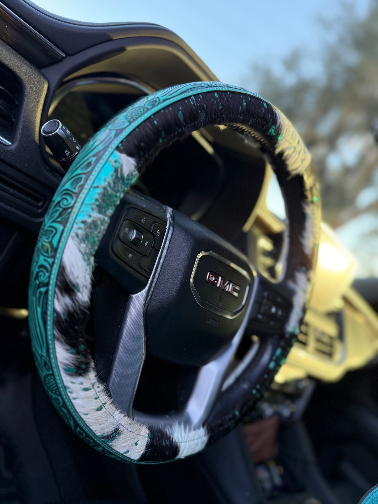 Teal 15.5 “ tooled leather acidwash cowhide steering wheel cover read description before purchase