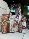 "Sassy Cowgirl" Dressed cowhide and brown tooled leather tote bag/ wallet combo