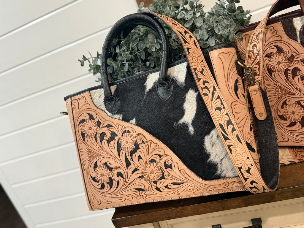 Tooled crossbody tote bag