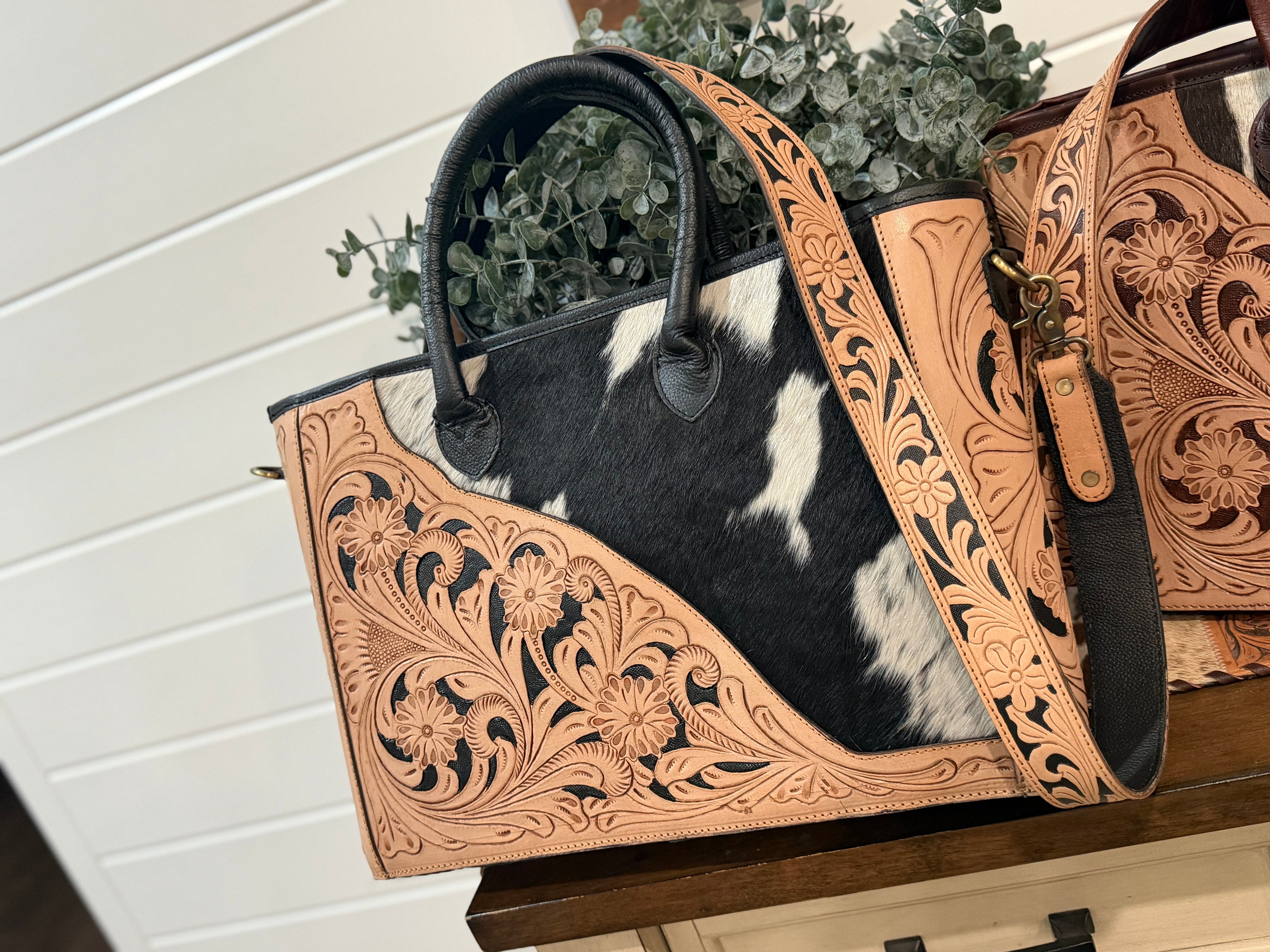 Tooled crossbody tote bag