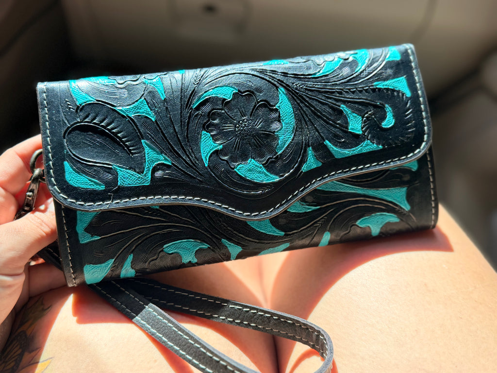 Tooled leather black and teal wallet