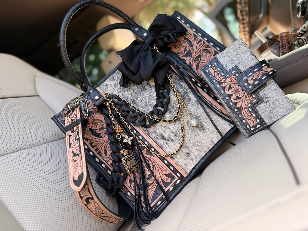 "Seduction & Spurs" Dressed cowhide and brown/black tooled learher tote bag/ wallet combo