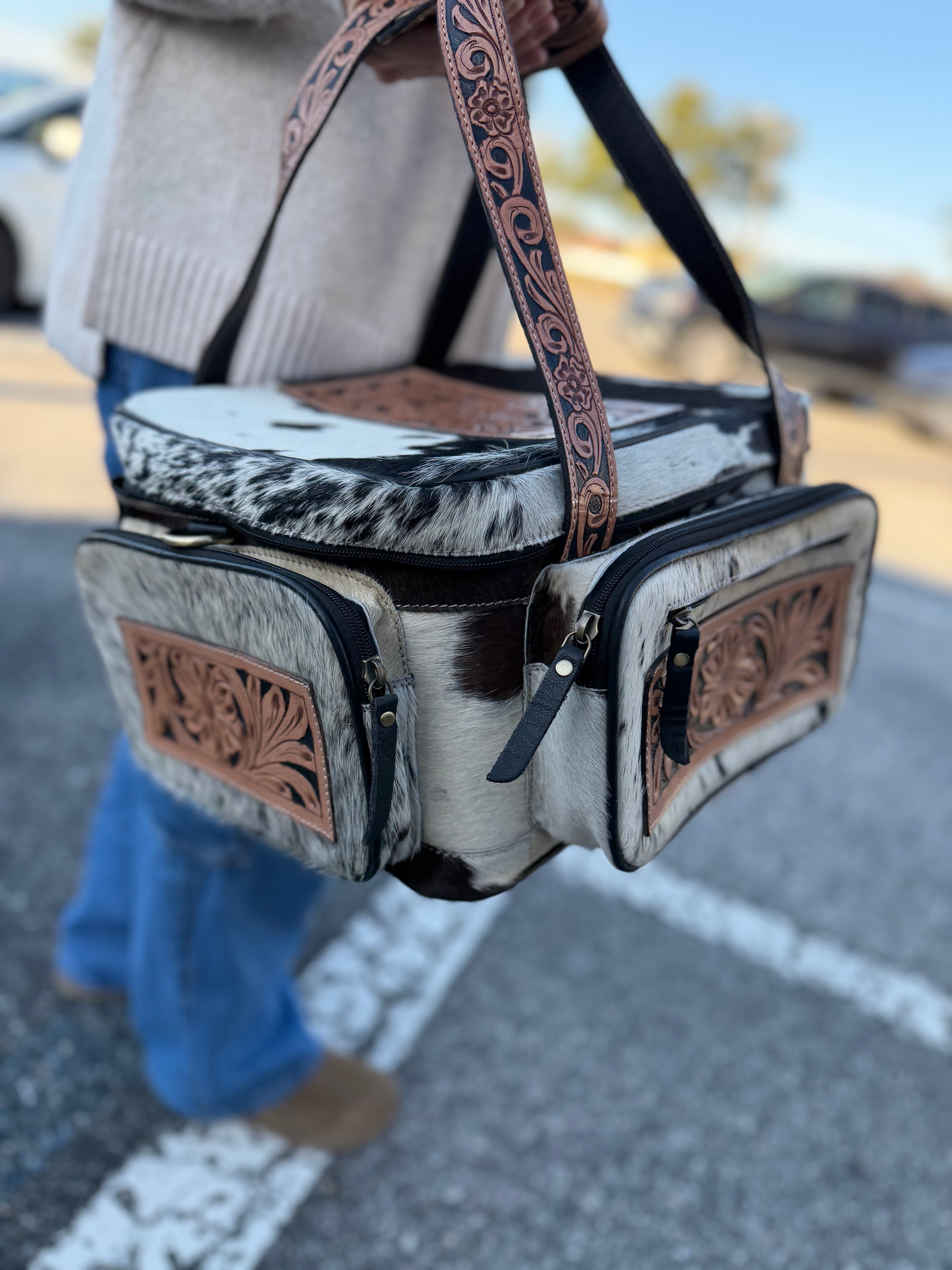 XL size - Dark color and white hide TOOLED leather/ cowhide Lunch bag