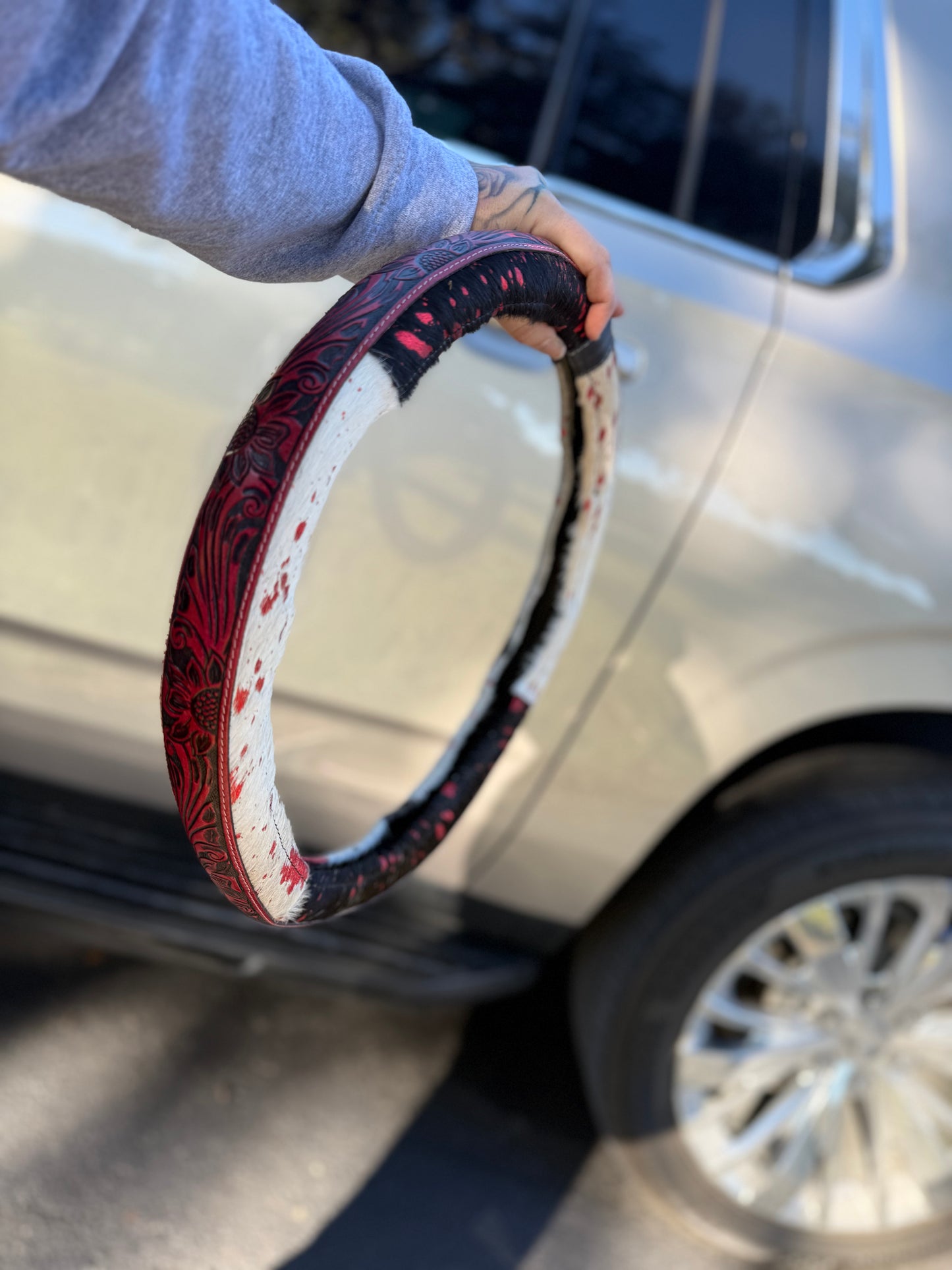 Red 15.5 “ tooled leather acidwash cowhide steering wheel cover read description before purchase