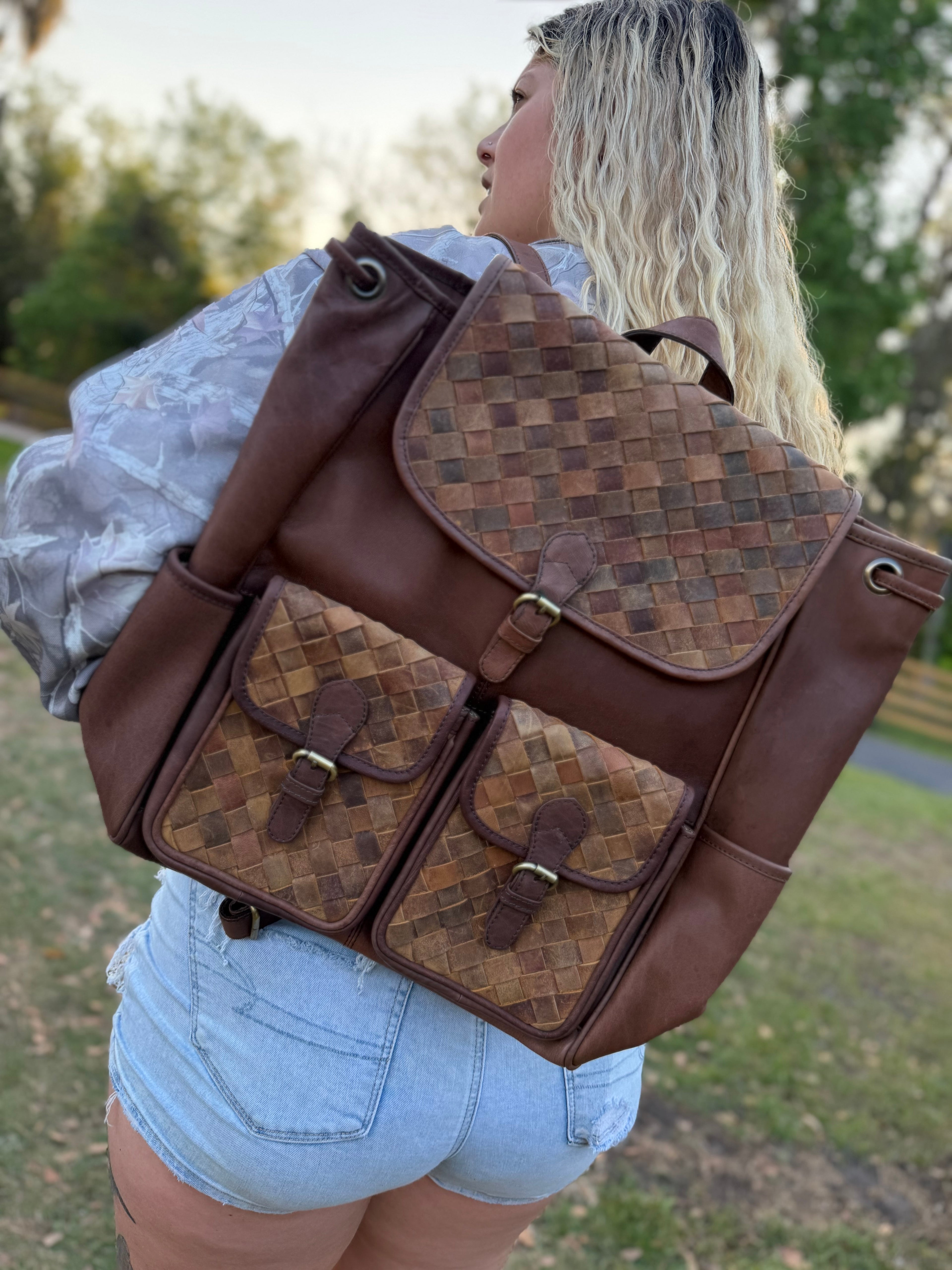 Brown leather woven bookbag