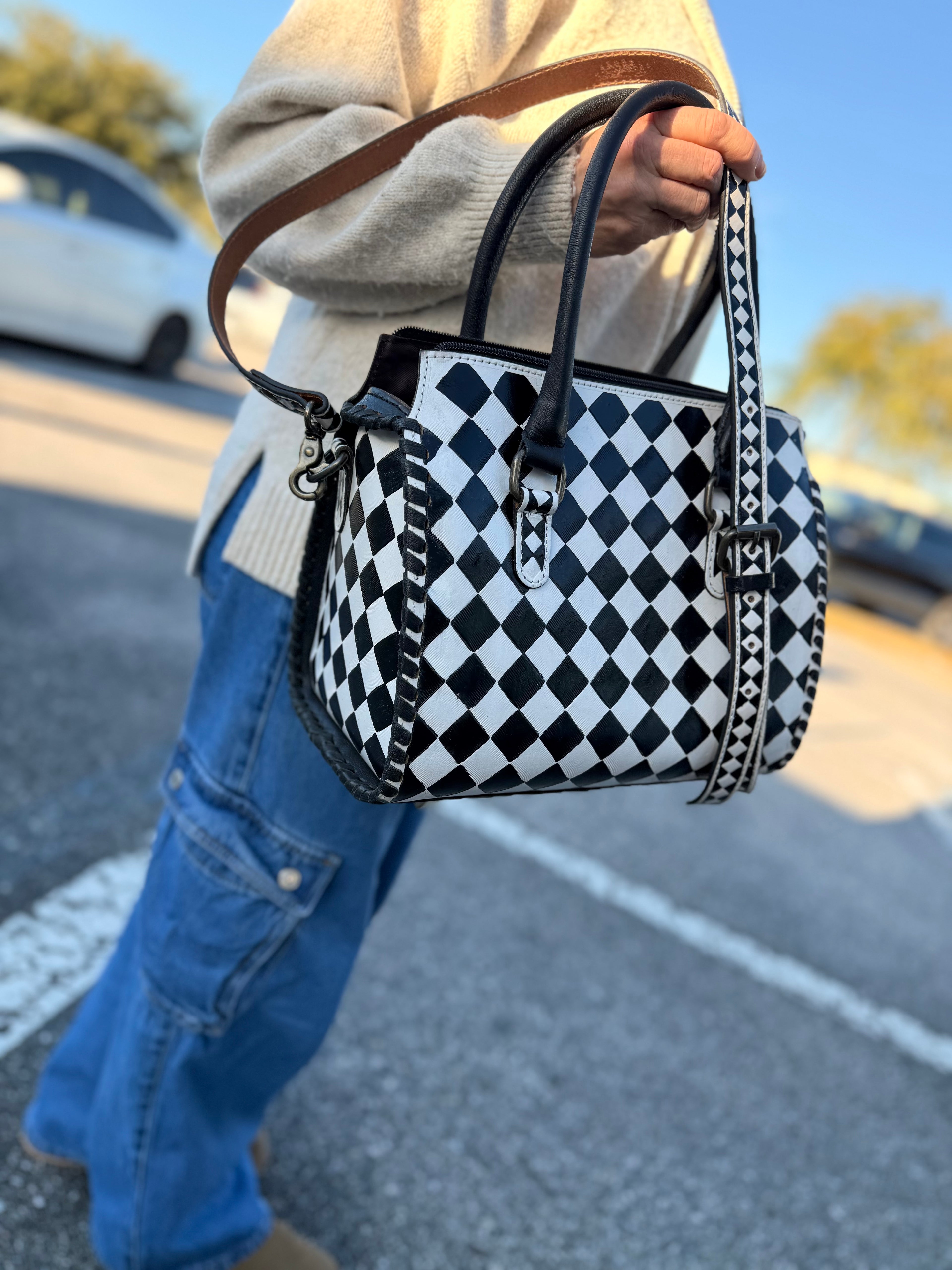 High-quality  checker, print, hand-painted tooled leather speedy (Medium)