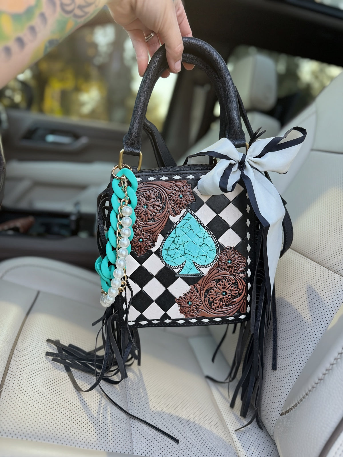 Square Checker purse with fringe
