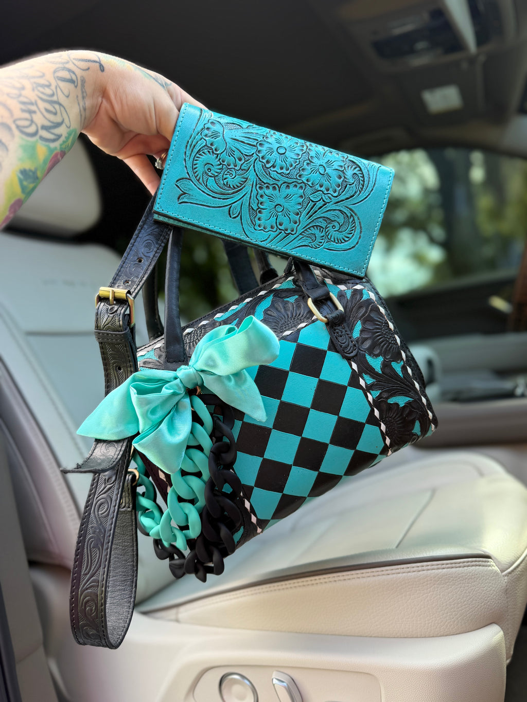Electric teal/black checker tooled leather speedy (M) and wallet