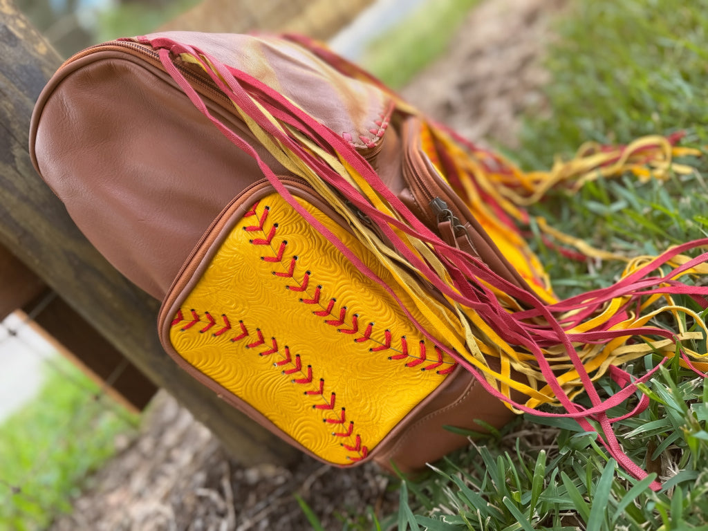 Softball Leather fringe sports themed bookbag