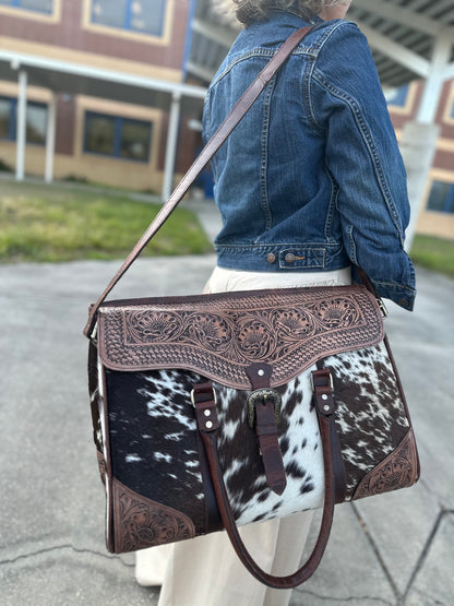 Large cowhide tooled leather bag