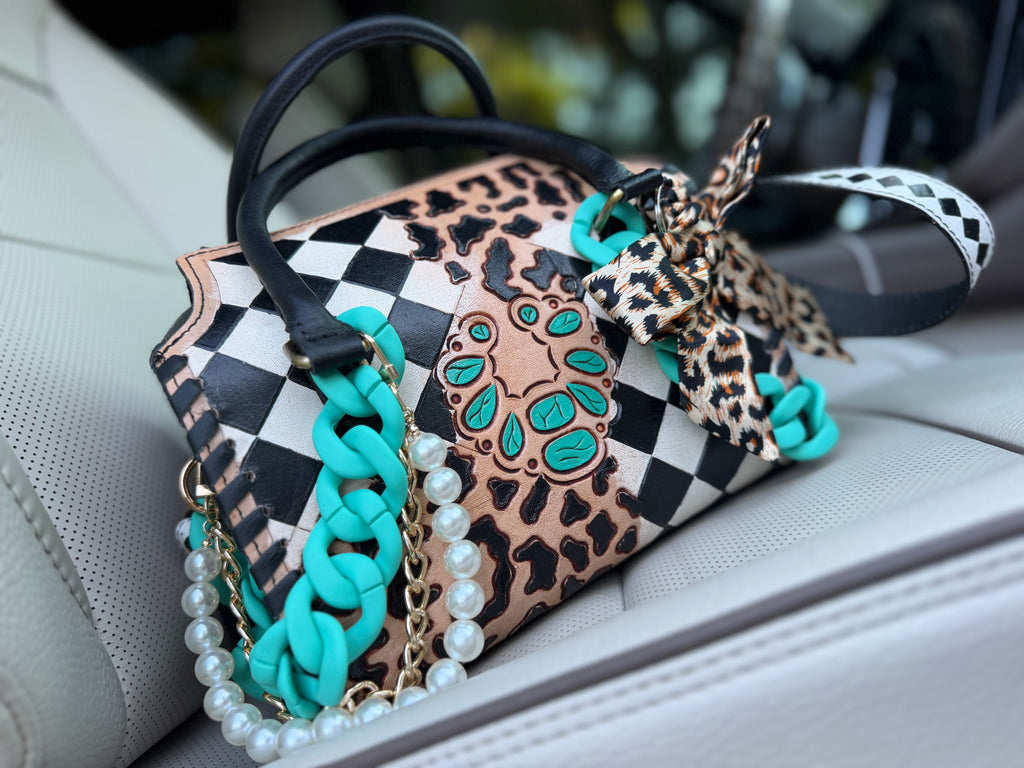 "Pretty Little Outlaw"  black/white checker and cheetah tooled leather speefy (M)-  by The Painted Porches