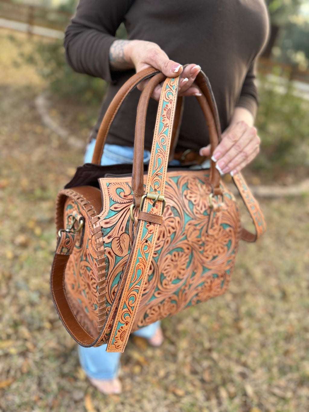 Brown/turquoise tooled leather speedy (L)