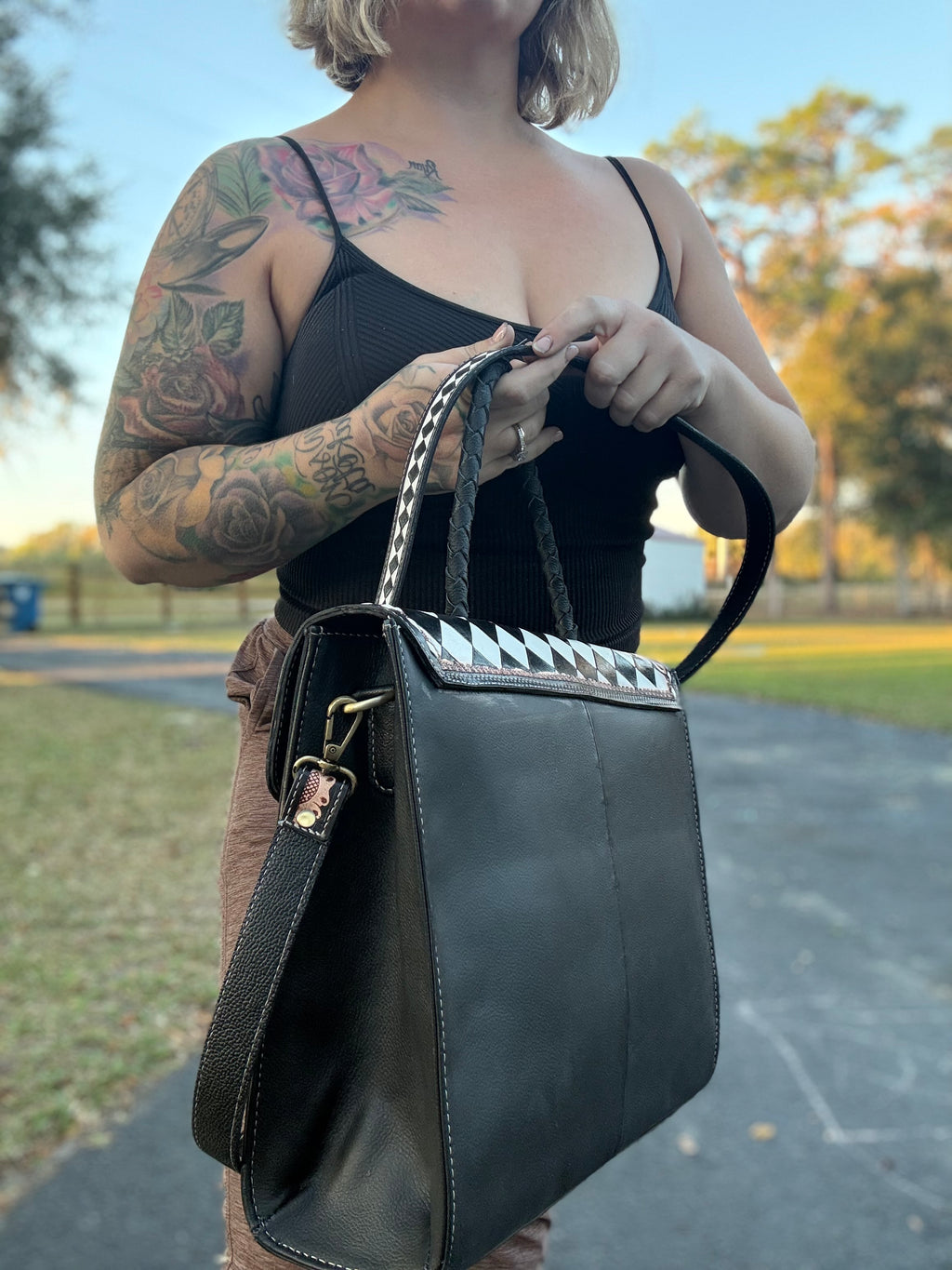 Checker print / tooled leather tote set